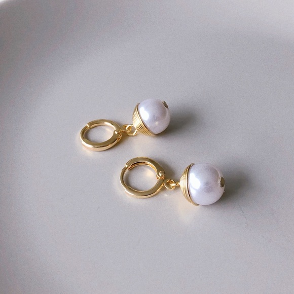 Gold Hoop Pearl Earrings - Picture 3 of 7